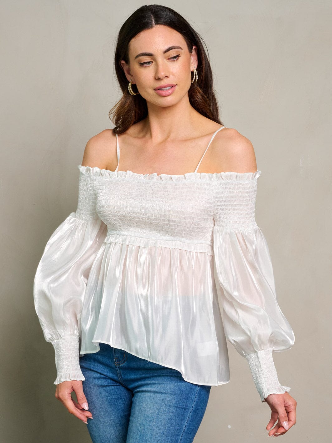 WOMEN'S LONG SLEEVE OFF SHOULDER SMOCK BLOUSE TOP