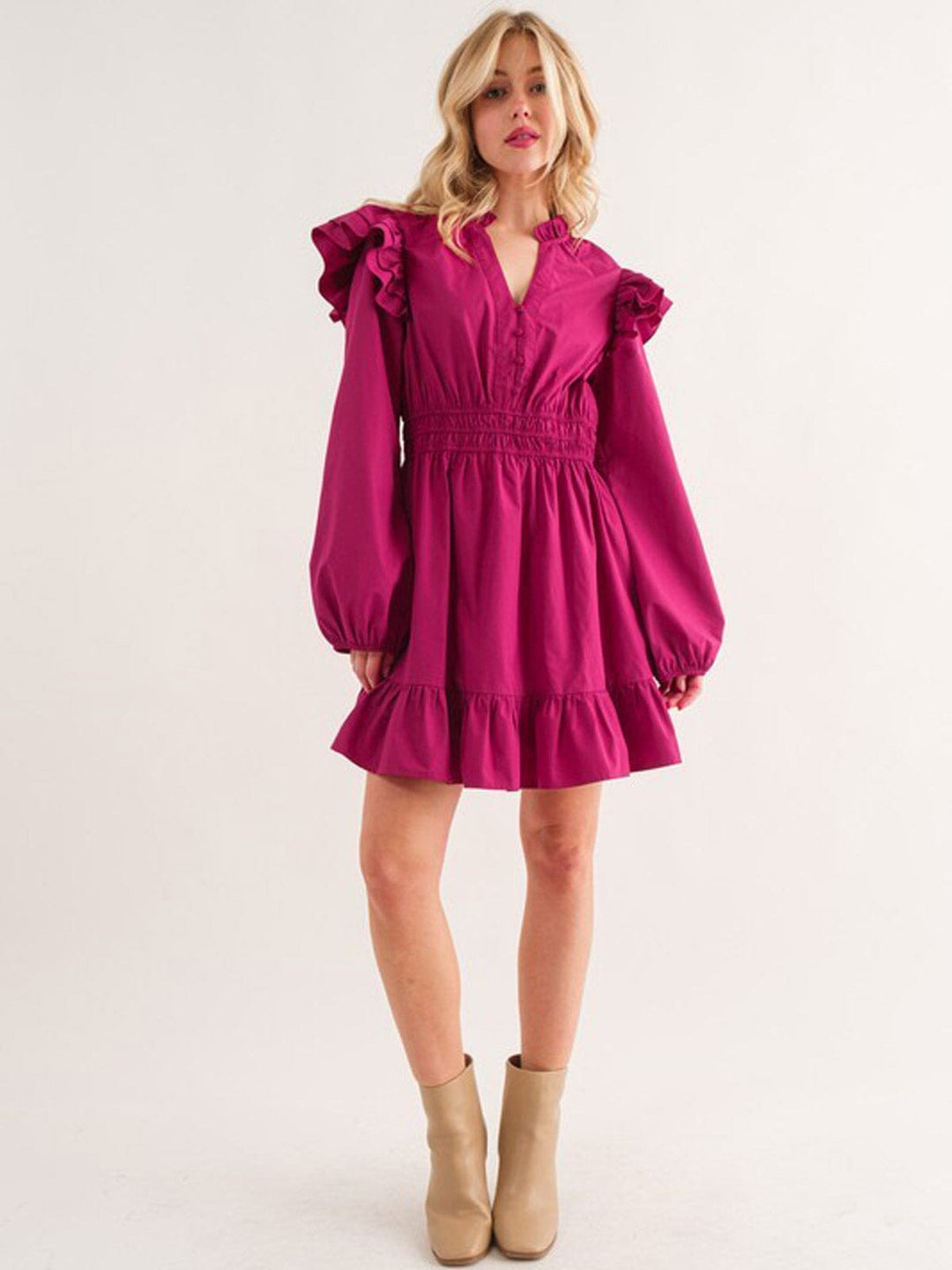 WOMEN'S LONG PUFF SLEEVE V-NECK RUFFLE MINI DRESS