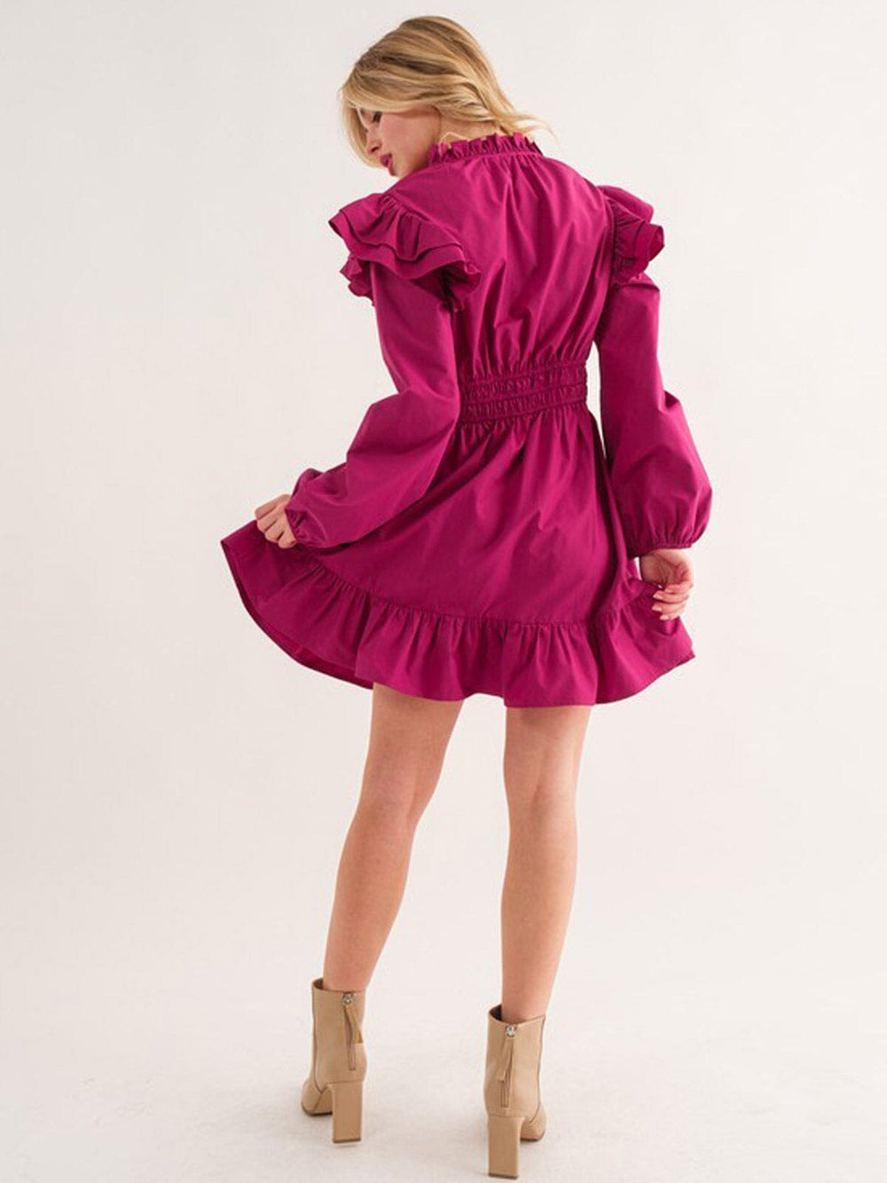 WOMEN'S LONG PUFF SLEEVE V-NECK RUFFLE MINI DRESS