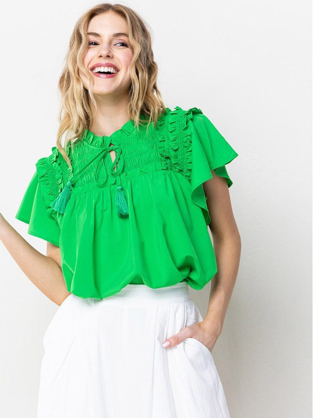 WOMEN'S RUFFLE SHORT SLEEVE DETAILED TUNIC BLOUSE TOP