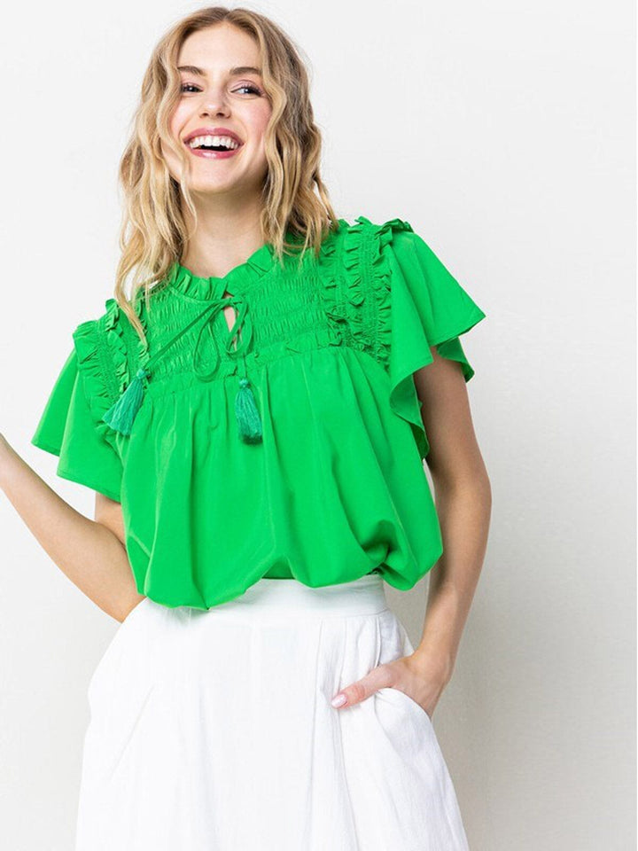 WOMEN'S RUFFLE SHORT SLEEVE DETAILED TUNIC BLOUSE TOP