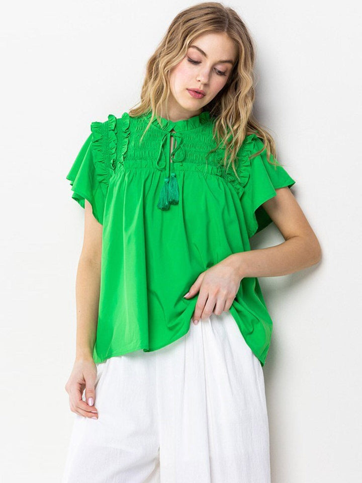 WOMEN'S RUFFLE SHORT SLEEVE DETAILED TUNIC BLOUSE TOP
