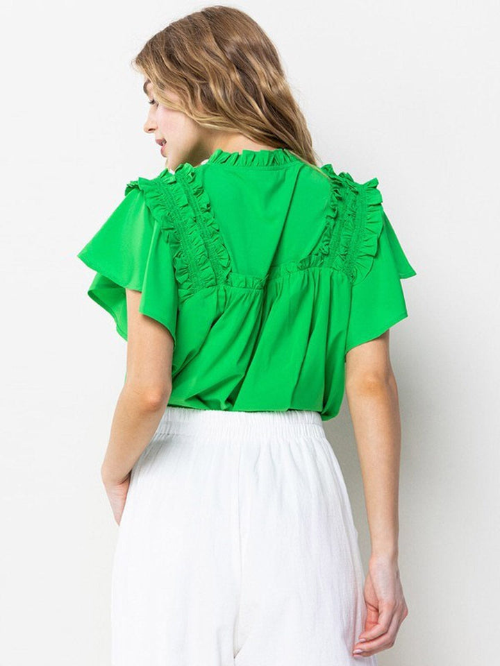 WOMEN'S RUFFLE SHORT SLEEVE DETAILED TUNIC BLOUSE TOP