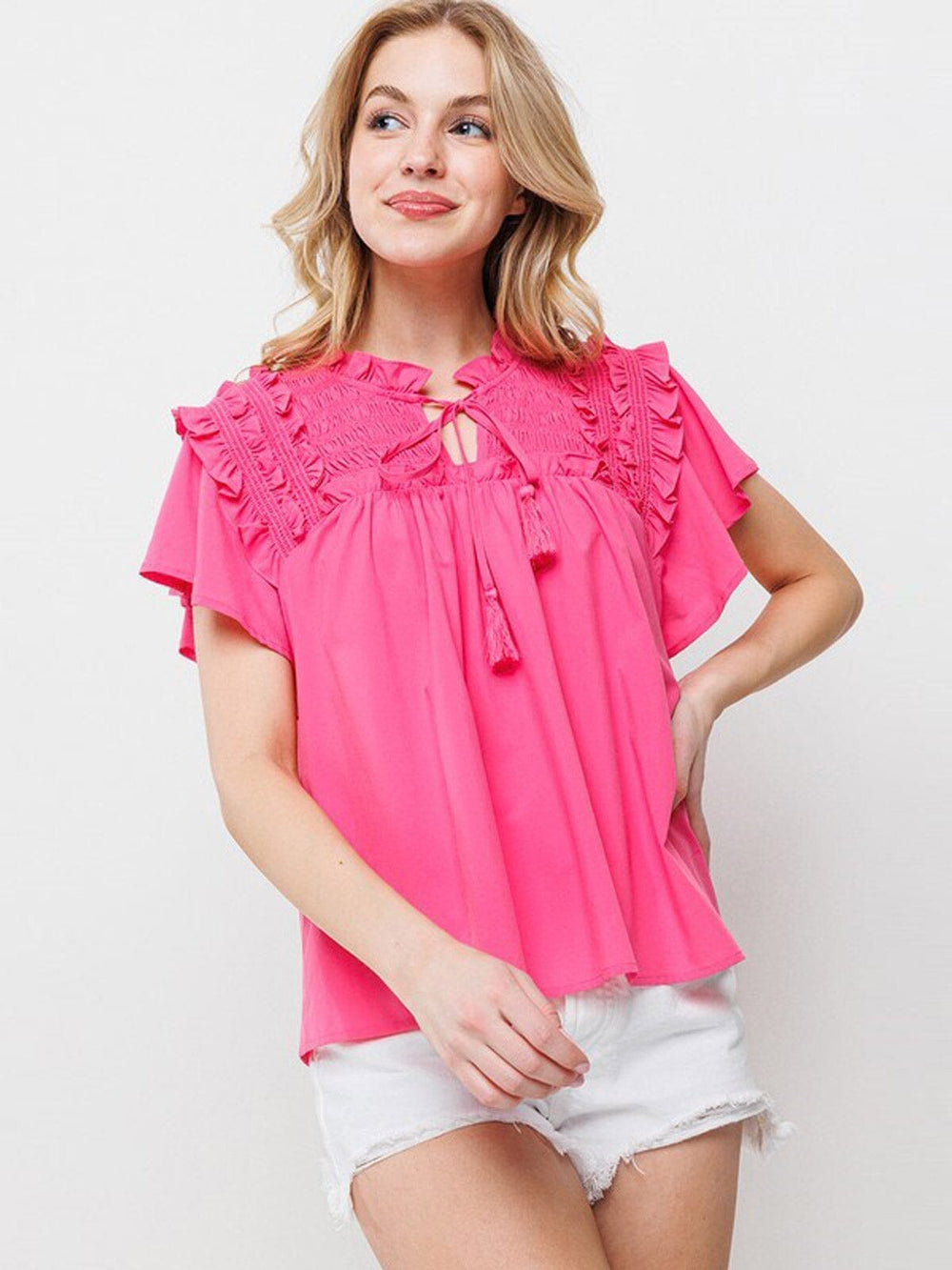 WOMEN'S RUFFLE SHORT SLEEVE DETAILED TUNIC BLOUSE TOP
