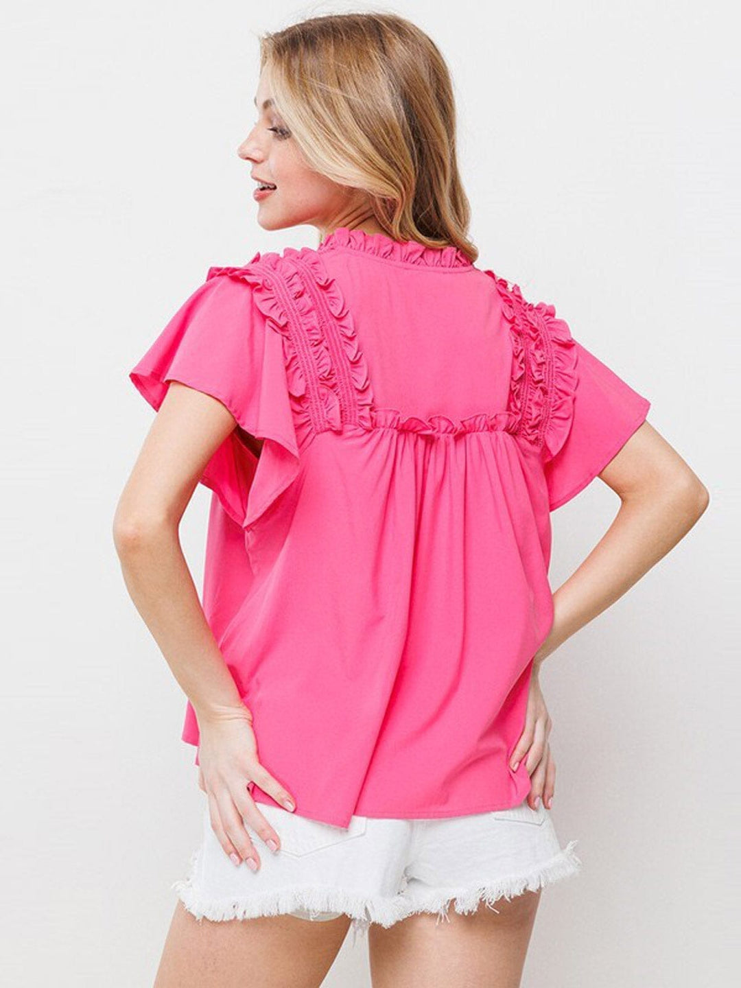 WOMEN'S RUFFLE SHORT SLEEVE DETAILED TUNIC BLOUSE TOP