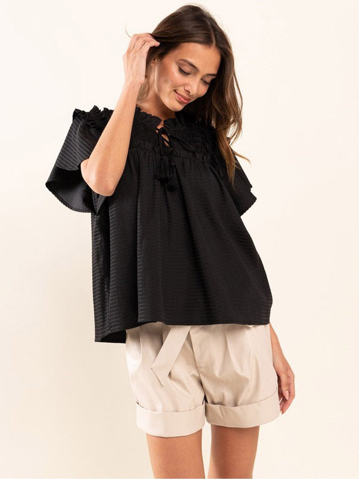 WOMEN'S SHORT SLEEVE RUFFLE NECK BLOUSE TOP