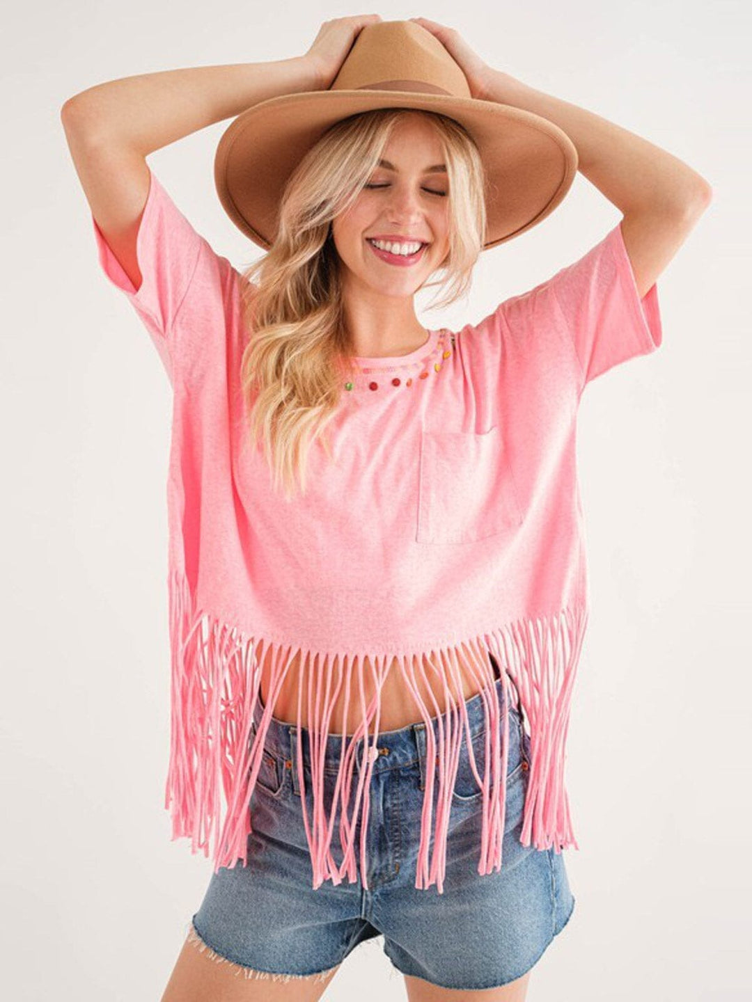 WOMEN'S SHORT SLEEVE FRONT POC KET DTAILED TOP