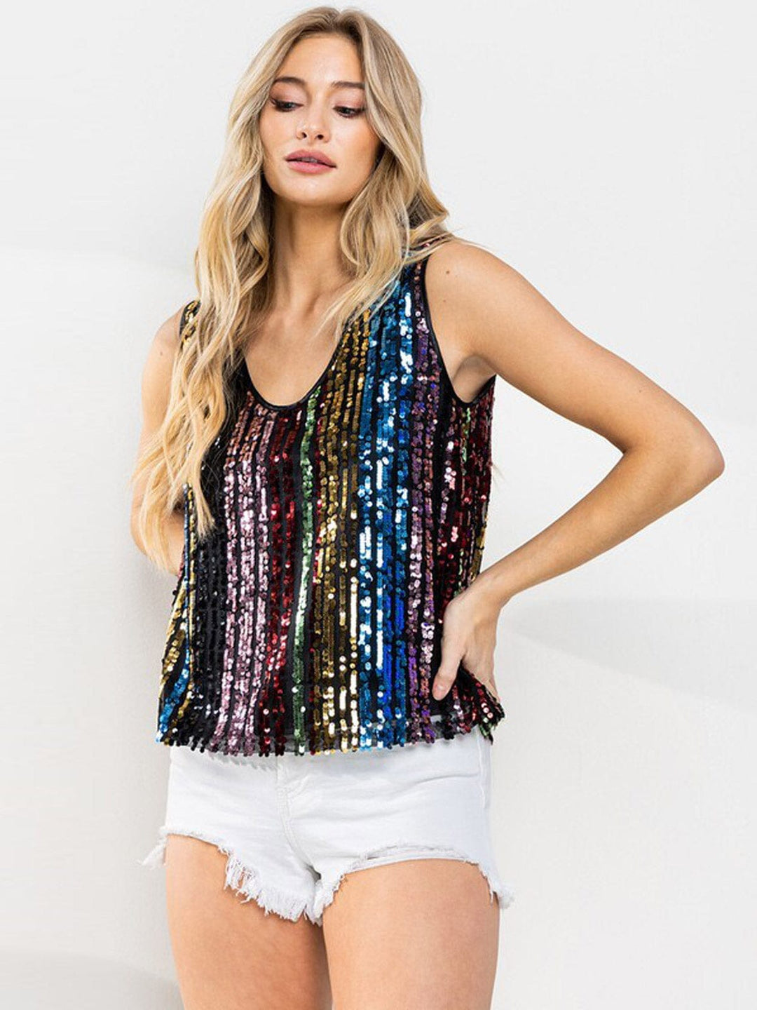 WOMEN'S SLEEVELESS V-NECK SEQUINS MULTI COLOR TANK TOP
