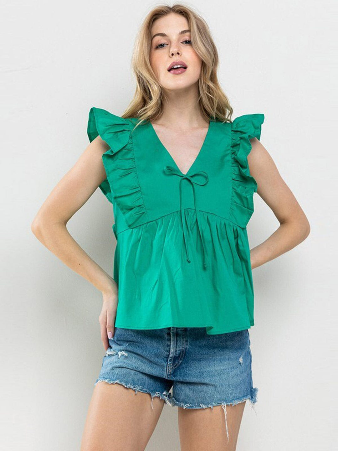 WOMEN'S RUFFLE SLEEVE V-NECK TUNIC BLOUSE TOP