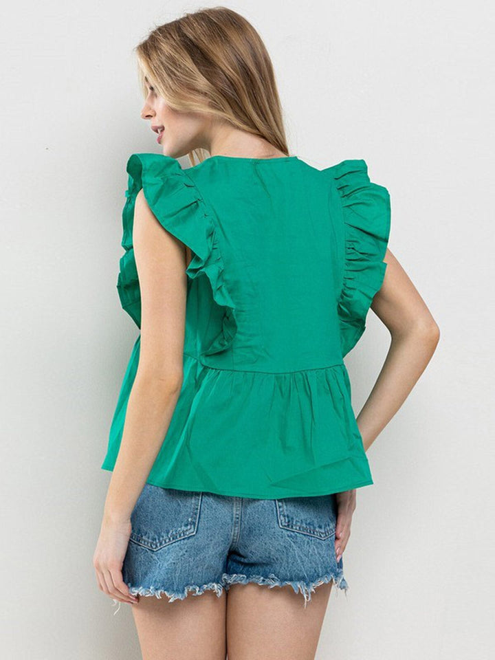 WOMEN'S RUFFLE SLEEVE V-NECK TUNIC BLOUSE TOP