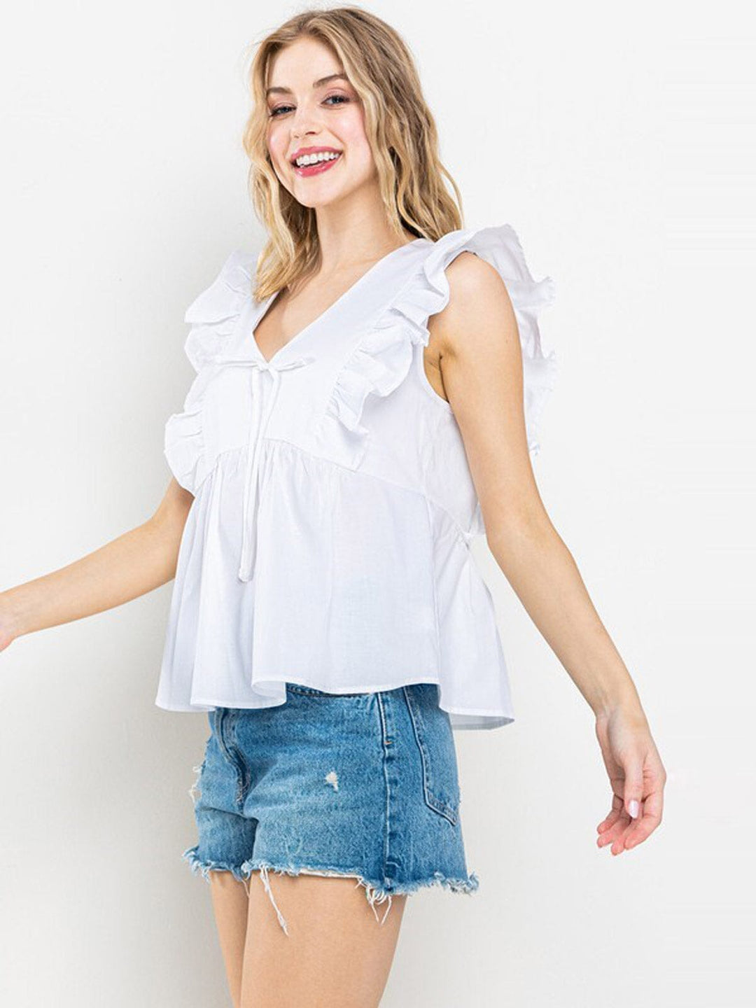 WOMEN'S RUFFLE SLEEVE V-NECK TUNIC BLOUSE TOP