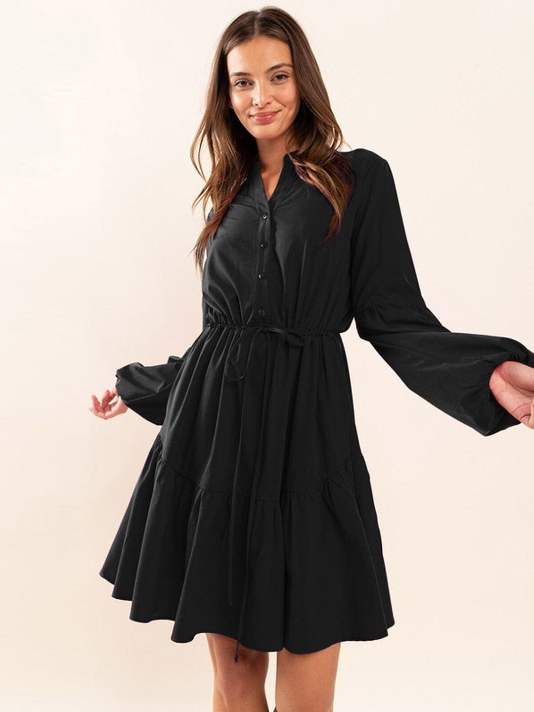 WOMEN'S LONG SLEEVE BUTTON UP POCKETS TIERED MINI DRESS
