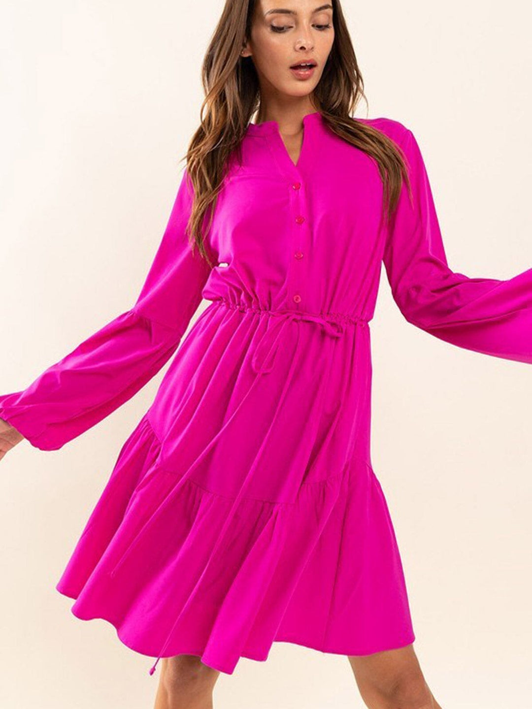 WOMEN'S LONG SLEEVE BUTTON UP POCKETS TIERED MINI DRESS