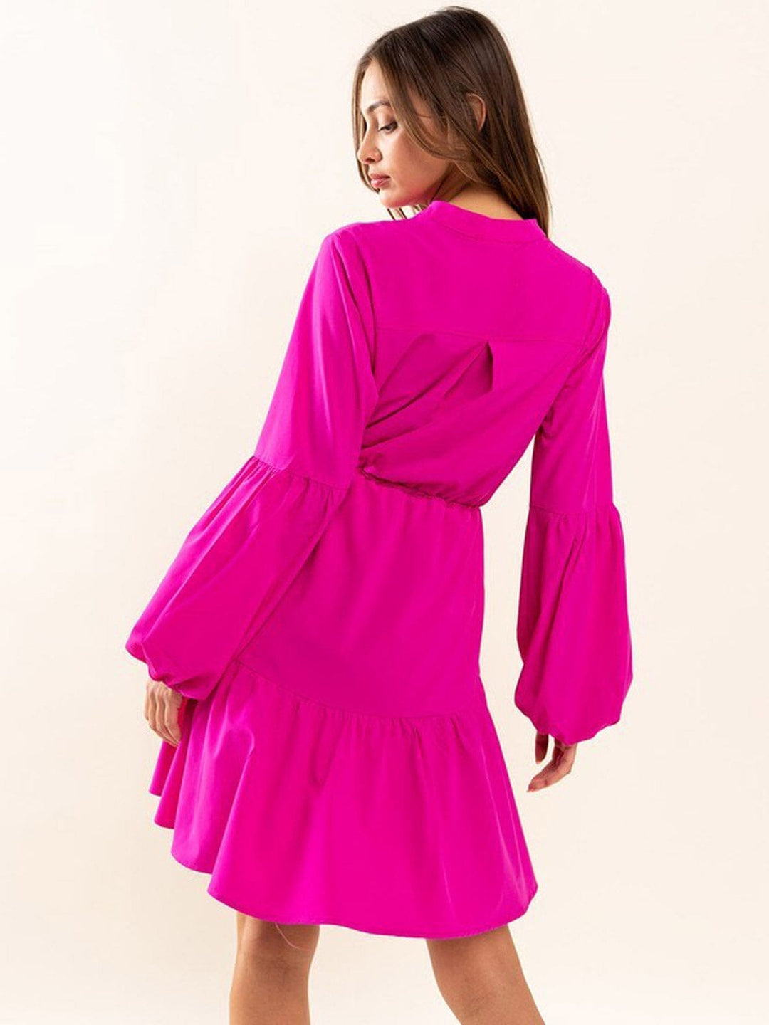 WOMEN'S LONG SLEEVE BUTTON UP POCKETS TIERED MINI DRESS