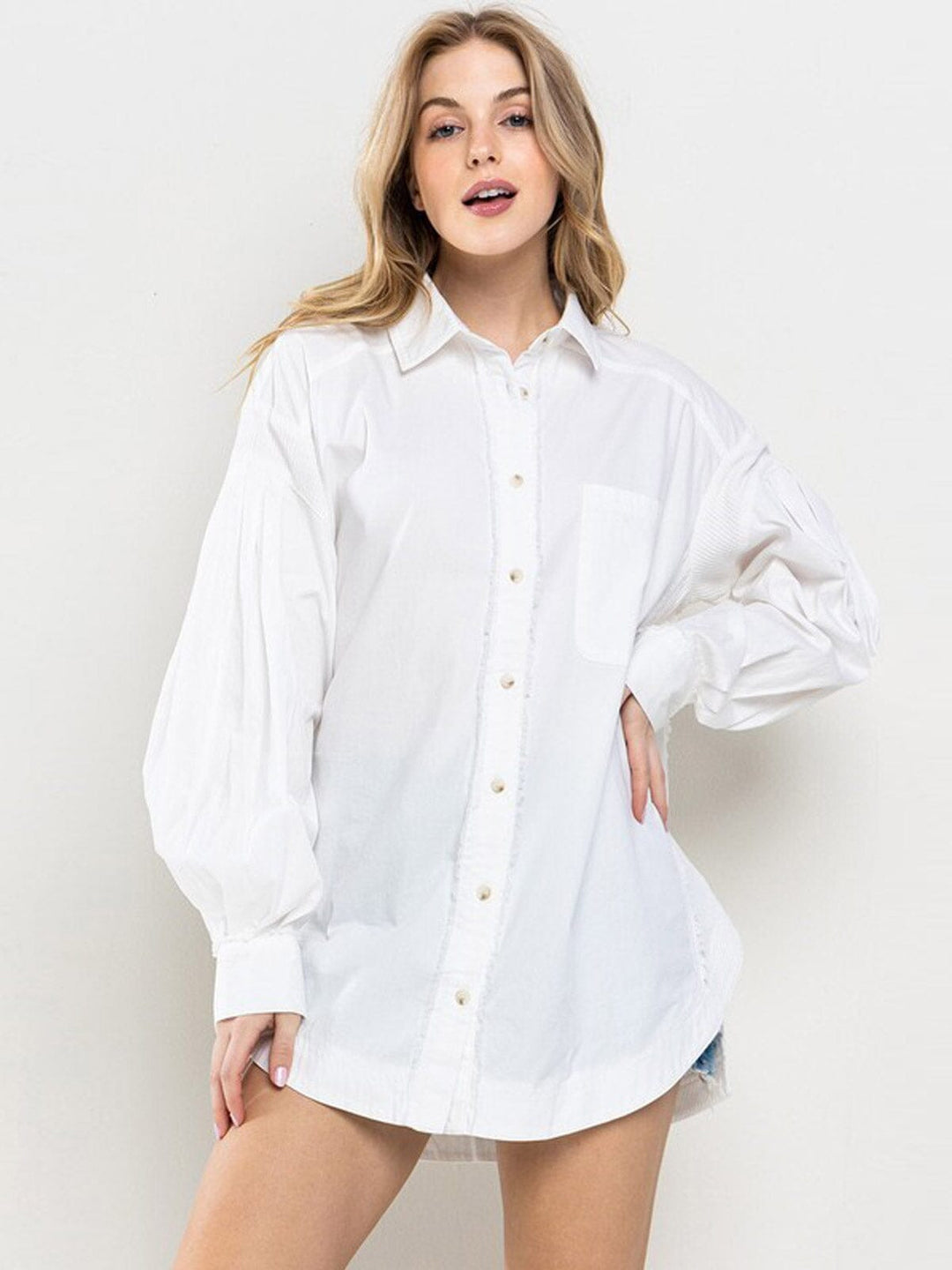 WOMEN'S LONG SLEEVE BUTTON UP OVERSIZED DETAILED BLOUSE TOP