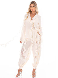 WOMEN'S LONG SLEEVE BLOUSE & ELASTIC WAIST PANTS FLORAL LACE STUDS 2PC. SET