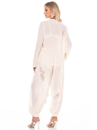WOMEN'S LONG SLEEVE BLOUSE & ELASTIC WAIST PANTS FLORAL LACE STUDS 2PC. SET