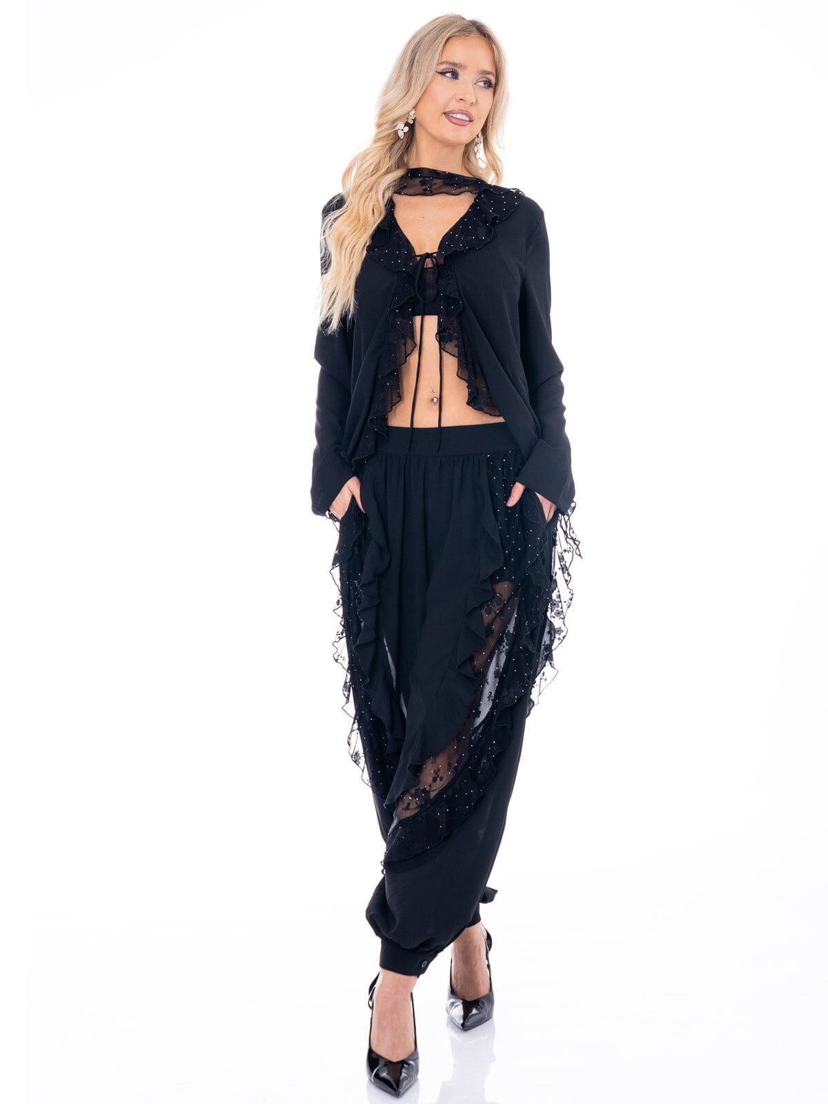 WOMEN'S LONG SLEEVE BLOUSE & ELASTIC WAIST PANTS FLORAL LACE STUDS 2PC. SET