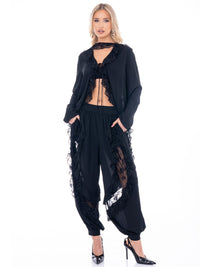 WOMEN'S LONG SLEEVE BLOUSE & ELASTIC WAIST PANTS FLORAL LACE STUDS 2PC. SET
