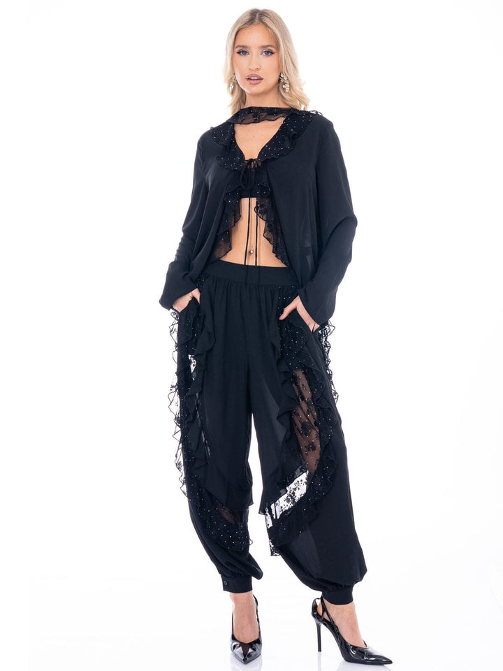 WOMEN'S LONG SLEEVE BLOUSE & ELASTIC WAIST PANTS FLORAL LACE STUDS 2PC. SET