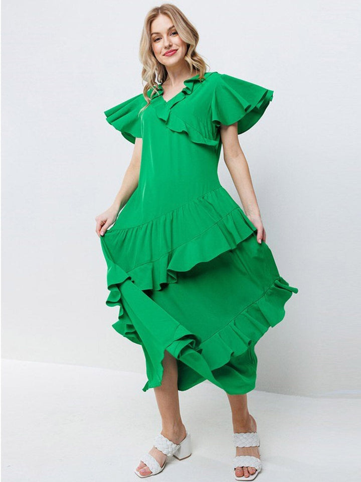 WOMEN'S SHORT SLEEVE RUFFLE DETAILED SURPLICE MAXI DRESS