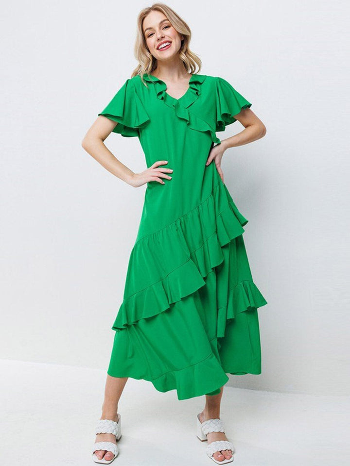 WOMEN'S SHORT SLEEVE RUFFLE DETAILED SURPLICE MAXI DRESS