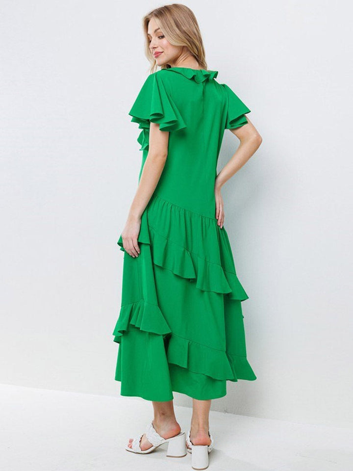 WOMEN'S SHORT SLEEVE RUFFLE DETAILED SURPLICE MAXI DRESS