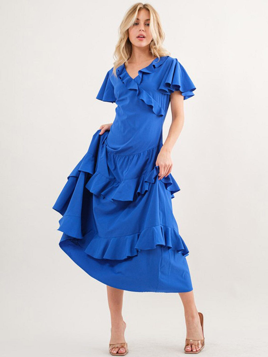 WOMEN'S SHORT SLEEVE RUFFLE DETAILED SURPLICE MAXI DRESS