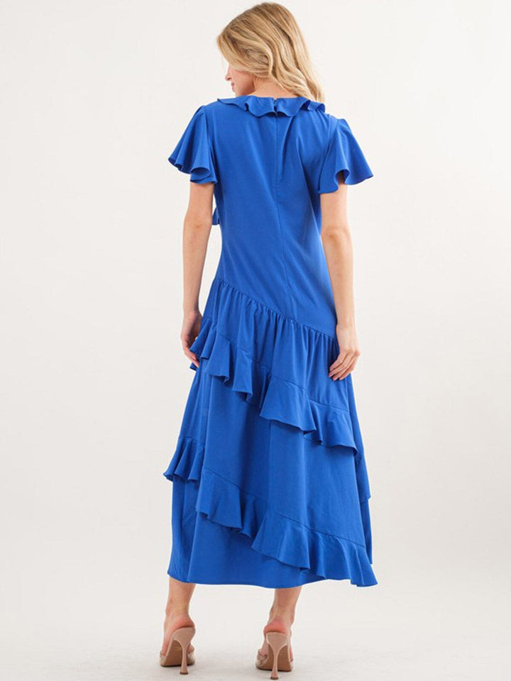 WOMEN'S SHORT SLEEVE RUFFLE DETAILED SURPLICE MAXI DRESS