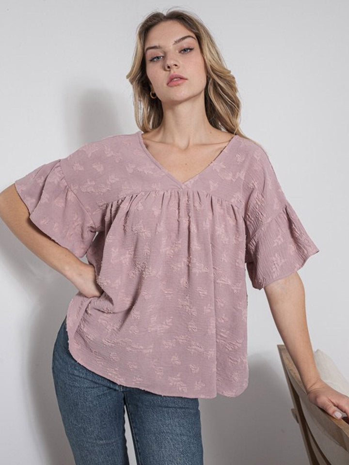WOMEN'S SHORT SLEEVE V-NECK DETAILED TUNIC BLOUSE TOP