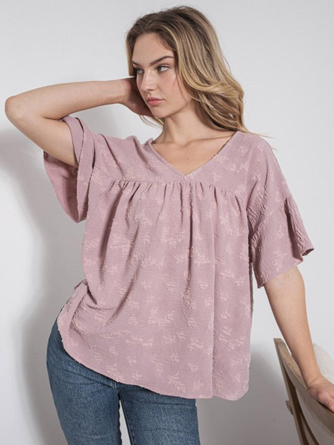 WOMEN'S SHORT SLEEVE V-NECK DETAILED TUNIC BLOUSE TOP