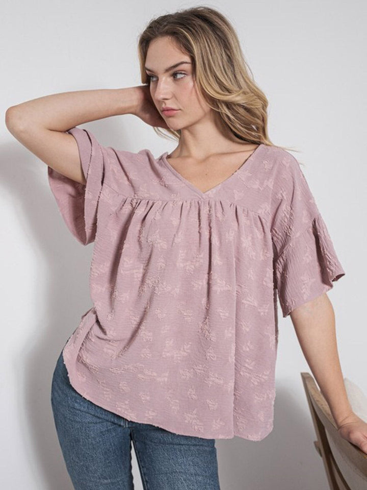 WOMEN'S SHORT SLEEVE V-NECK DETAILED TUNIC BLOUSE TOP