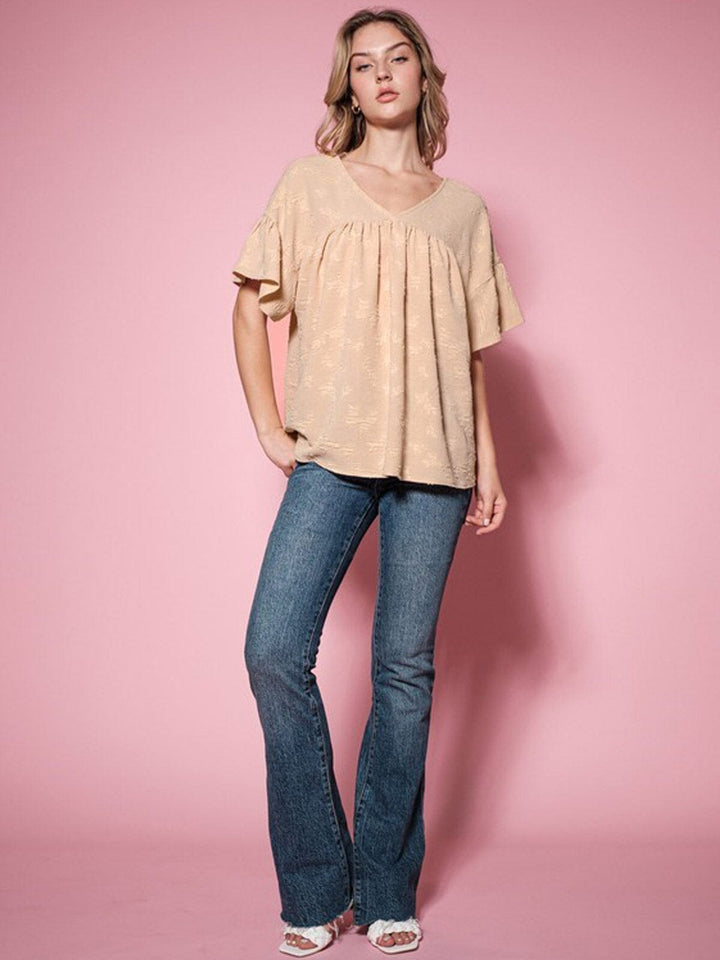 WOMEN'S SHORT SLEEVE V-NECK DETAILED TUNIC BLOUSE TOP