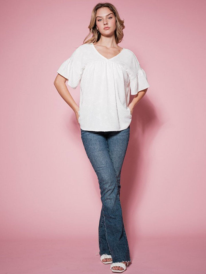 WOMEN'S SHORT SLEEVE V-NECK DETAILED TUNIC BLOUSE TOP