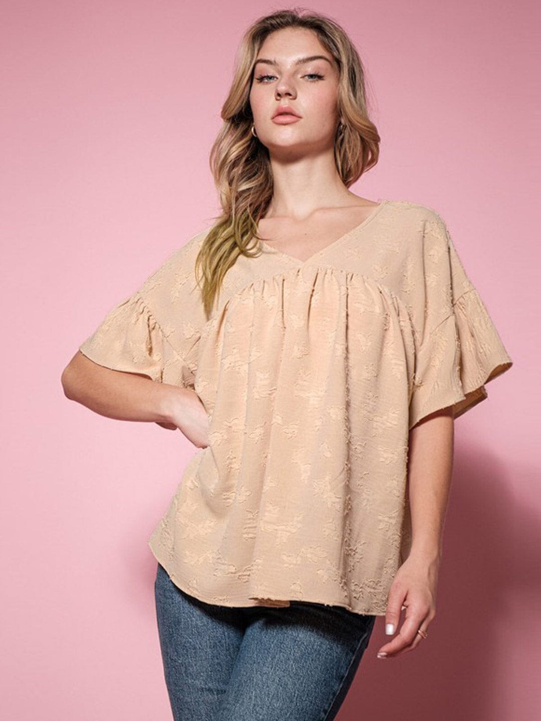 WOMEN'S SHORT SLEEVE V-NECK DETAILED TUNIC BLOUSE TOP