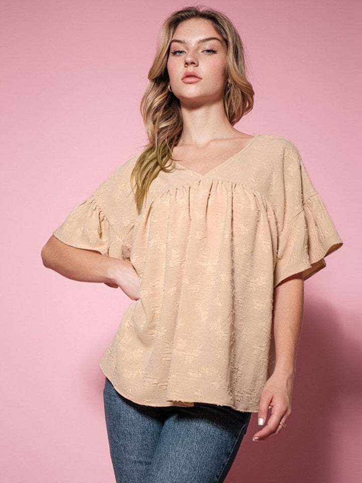 WOMEN'S SHORT SLEEVE V-NECK DETAILED TUNIC BLOUSE TOP