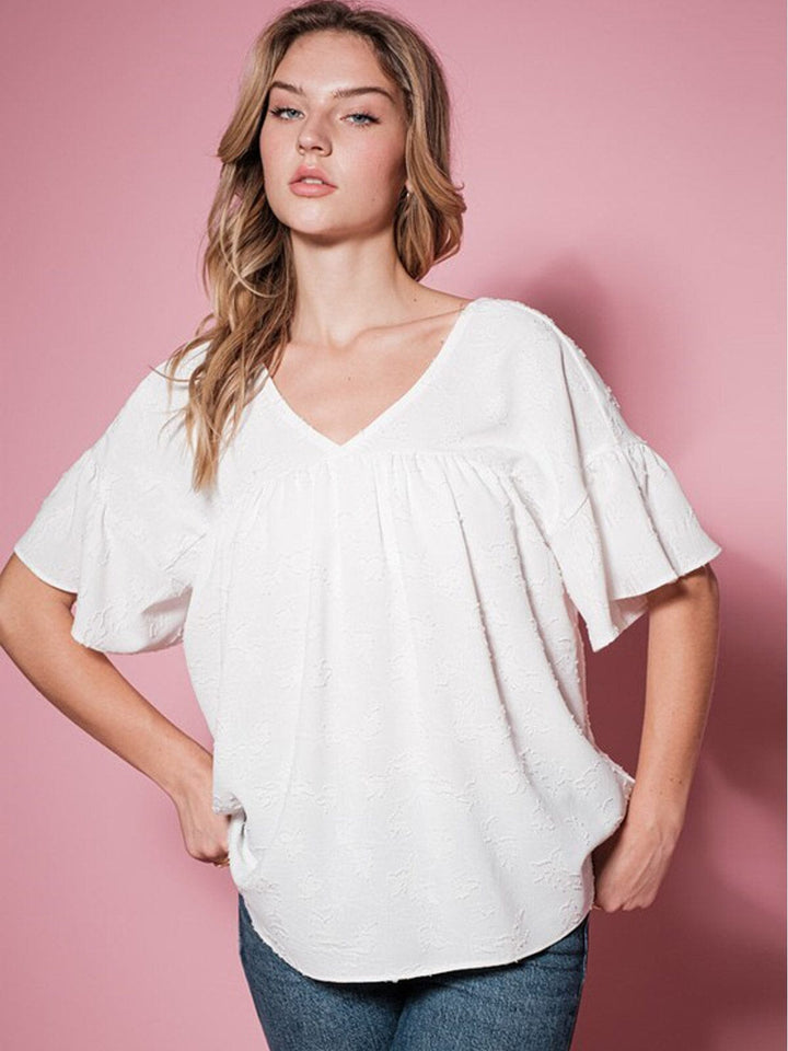 WOMEN'S SHORT SLEEVE V-NECK DETAILED TUNIC BLOUSE TOP