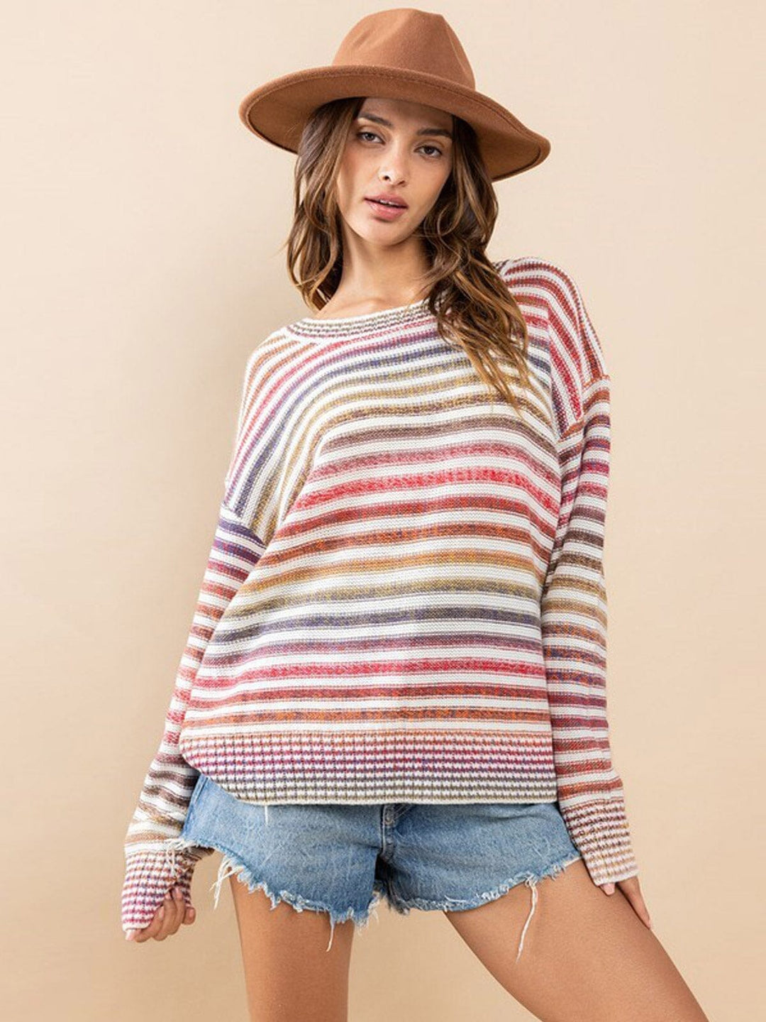 WOMEN'S LONG SLEEVE MULTI COLOR STRIPES SWEATER
