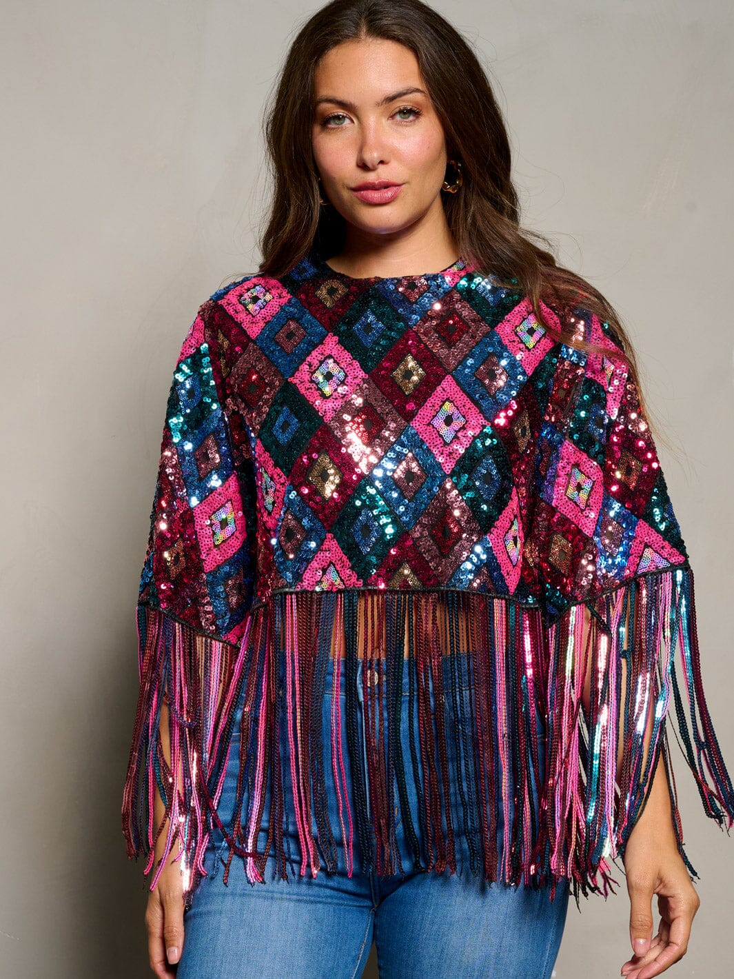 WOMEN'S SHORT SLEEVE SEQUINS FRINGE MULTI COLORS TOP