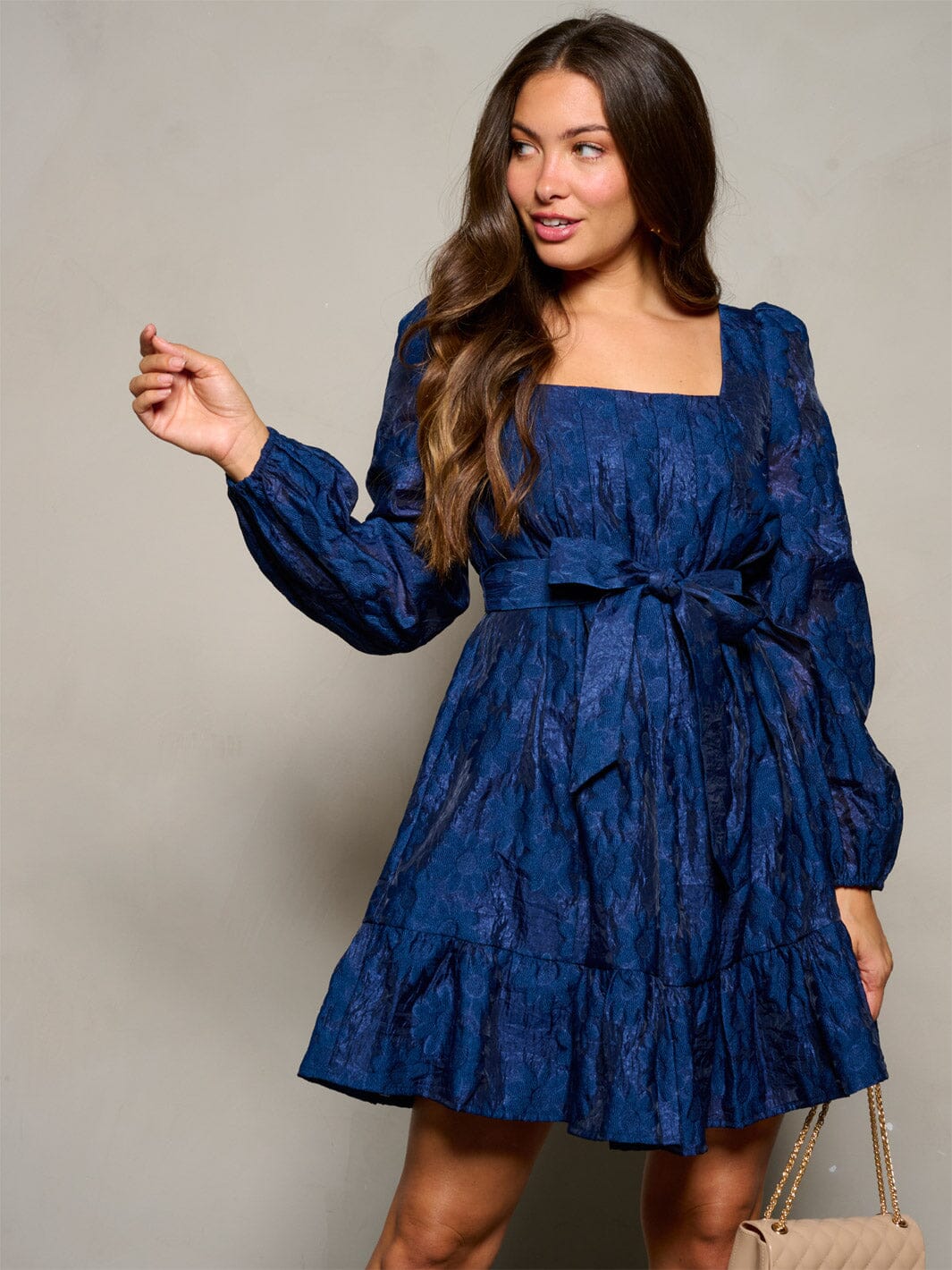 WOMEN'S LONG PUFF SLEEVE SQUARE NECK FLORAL DETAILED MINI DRESS