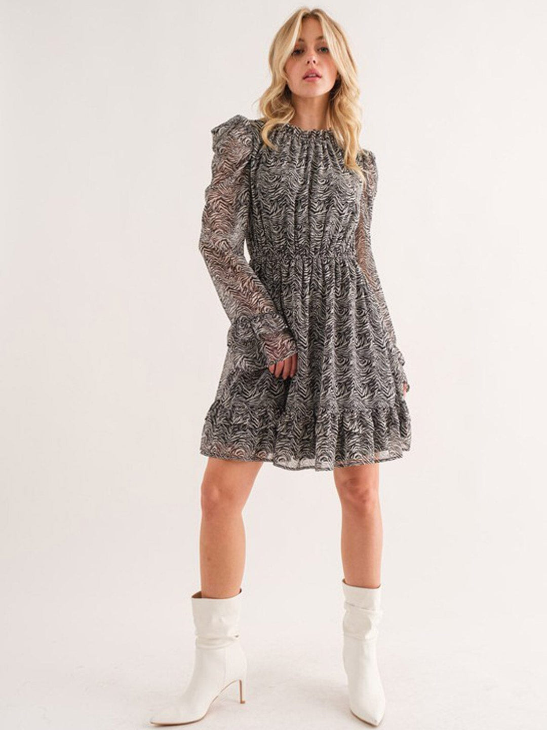 WOMEN'S LONG SLEEVE RUFFLE ZEBRA PRINT MINI DRESS