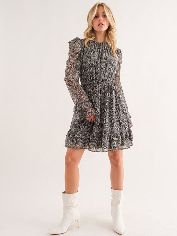 WOMEN'S LONG SLEEVE RUFFLE ZEBRA PRINT MINI DRESS