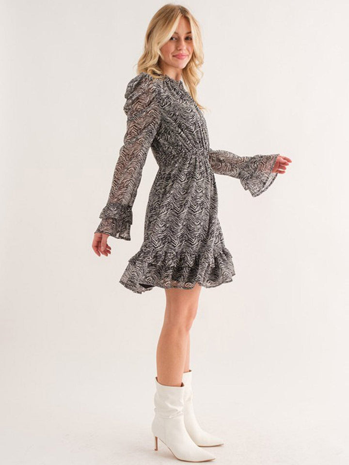 WOMEN'S LONG SLEEVE RUFFLE ZEBRA PRINT MINI DRESS