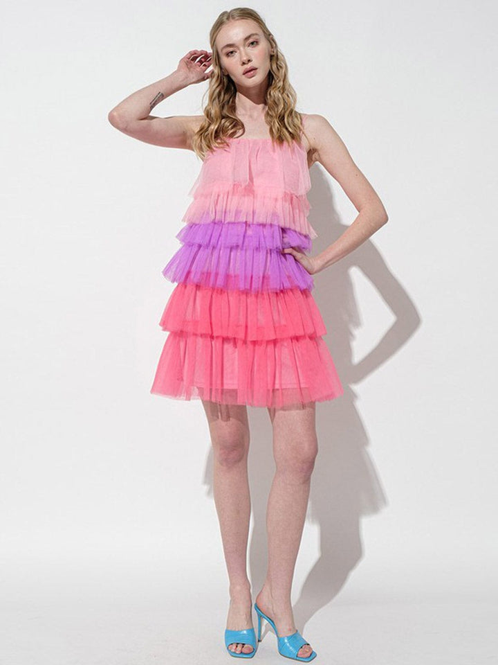 WOMEN'S SLEEVELESS TIERED RUFFLE COLORBLOCK MINI DRESS