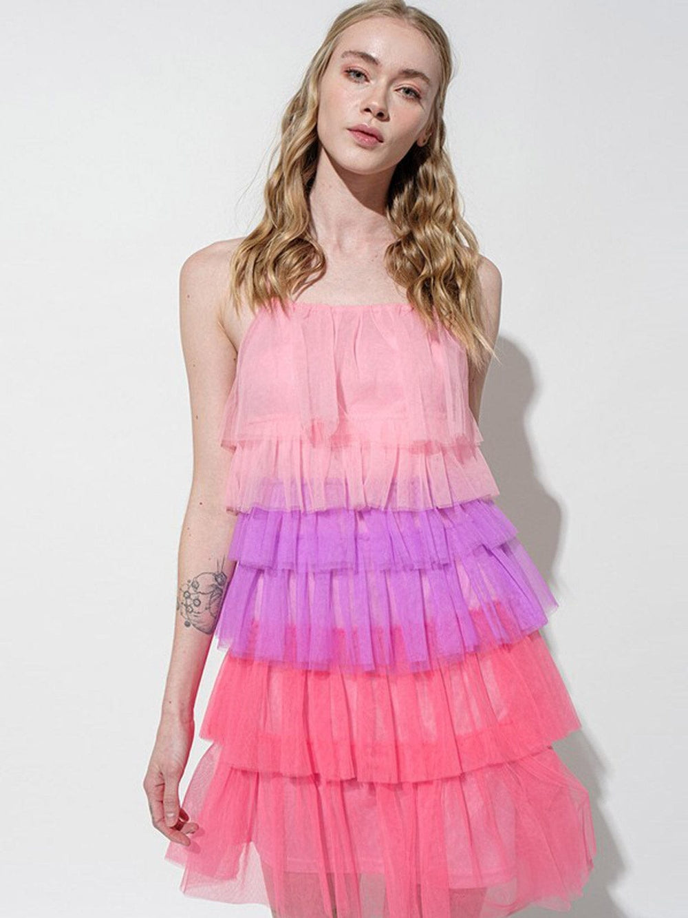 WOMEN'S SLEEVELESS TIERED RUFFLE COLORBLOCK MINI DRESS