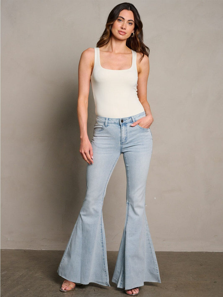 WOMEN'S BUTTON CLOSURE BELL BOTTOMS DENIM WASHED PANTS