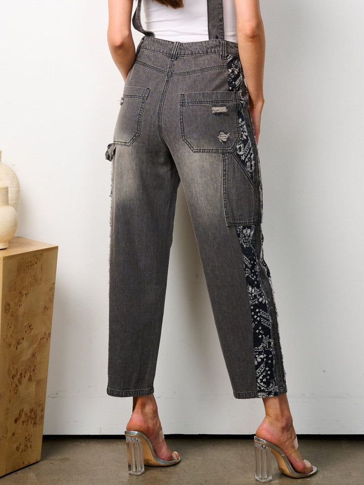 WOMEN'S BUTTON CLOSURE PAISLEY PRINT DETAILED DENIM OVERALLS