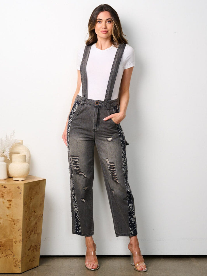 WOMEN'S BUTTON CLOSURE PAISLEY PRINT DETAILED DENIM OVERALLS