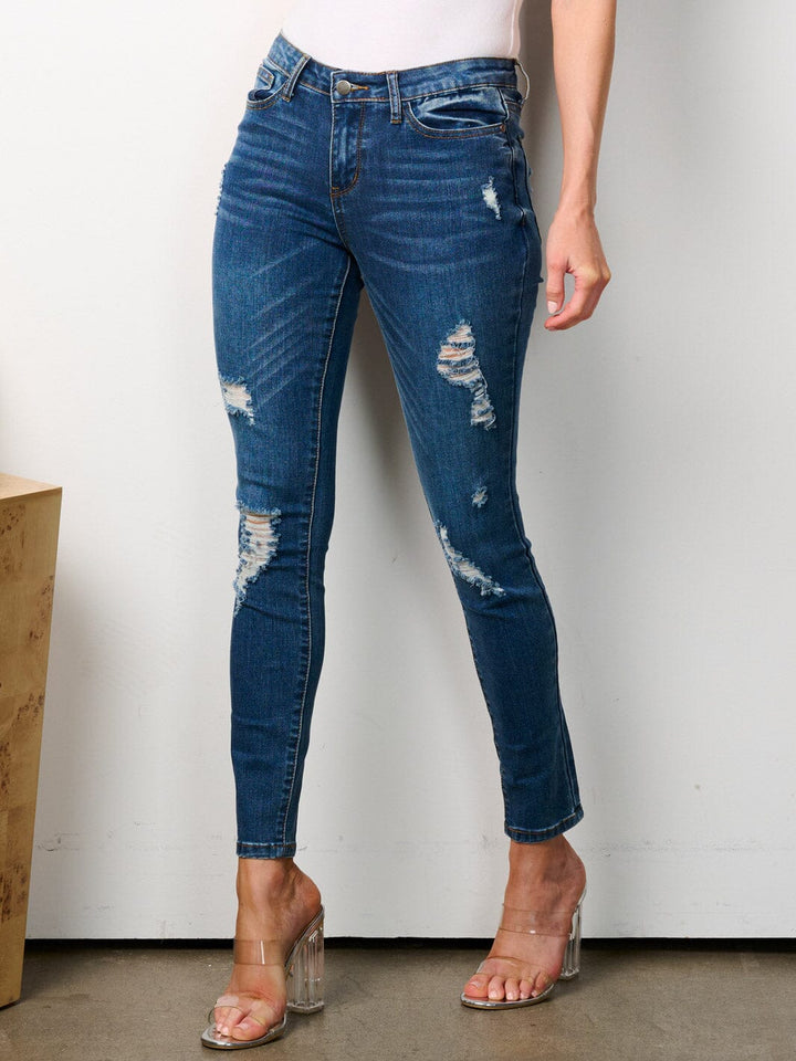 WOMEN'S BUTTON CLOSURE DISTRESSED SKINNY DENIM PANTS