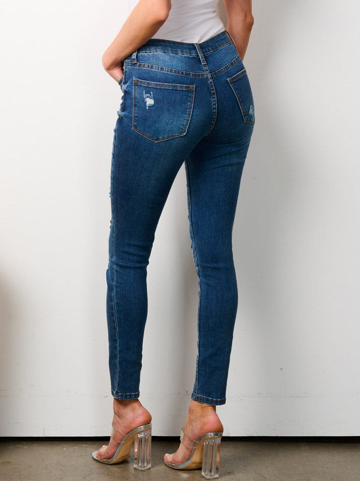 WOMEN'S BUTTON CLOSURE DISTRESSED SKINNY DENIM PANTS